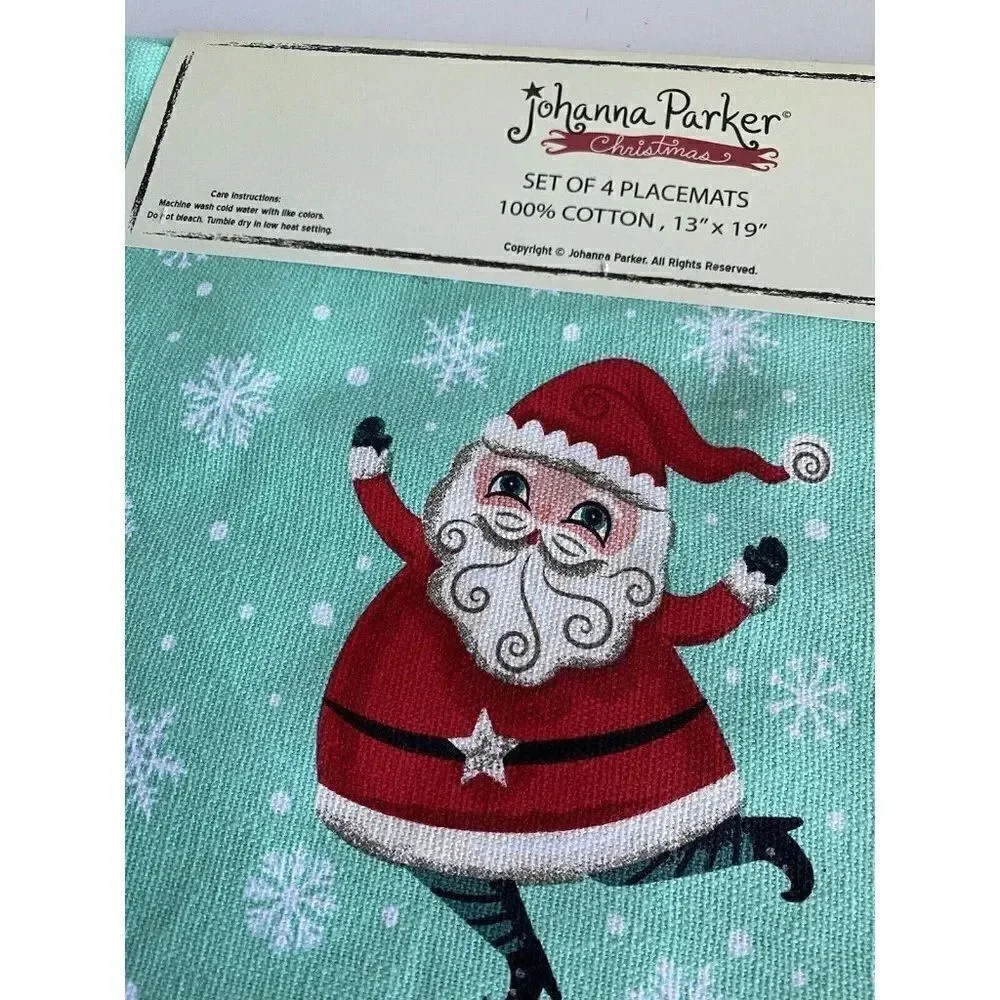 Set Of 4 Johanna Parker Christmas‎ Santa Claus Placemats Holiday Retro NEW
